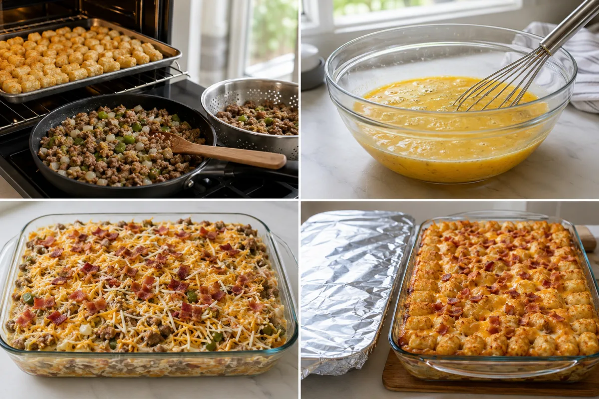 Four stages showing tater tots prebaked and sausage cooked with vegetables, eight eggs whisked with milk, casserole layers assembled, and the uncovered casserole baked golden