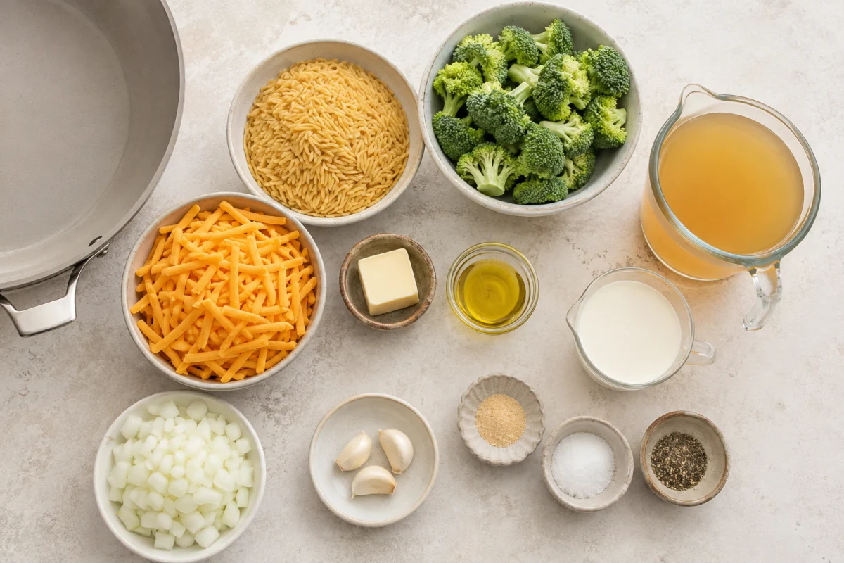Orzo, broccoli, cheddar, onion, garlic, butter, olive oil, vegetable broth, cream, and seasonings