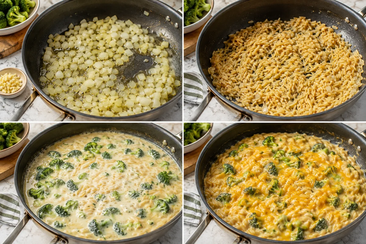 Four stages showing onion sautéing, orzo toasting, broccoli simmering with pasta, and creamy cheddar orzo