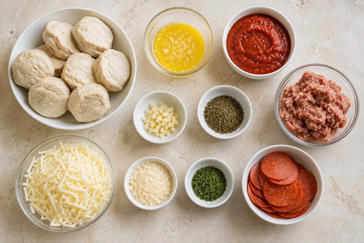 Ingredients for Bubble Up Pizza Bake with refrigerated biscuits, butter, garlic, herbs, Parmesan, pizza sauce, Italian sausage, mozzarella, and pepperoni