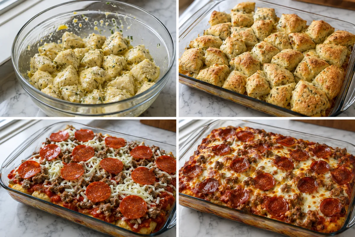 Four stages showing biscuit pieces coated in garlic Parmesan butter, biscuits prebaked, pizza toppings layered, and Bubble Up Pizza Bake golden and bubbling