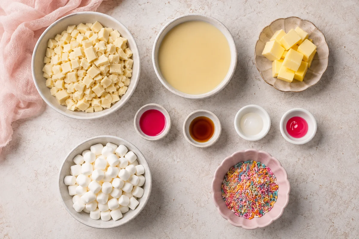 Ingredients for bubblegum cloud fudge including white chocolate, condensed milk, butter, flavorings, pink and white gels, marshmallows, and sprinkles