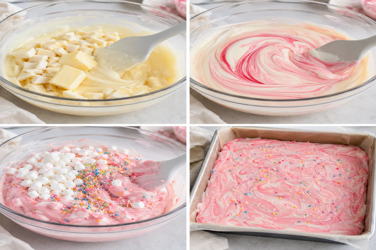 Four stages showing white chocolate fudge melted, pink and white color swirled, marshmallows and sprinkles folded in, and mixture spread in a lined pan