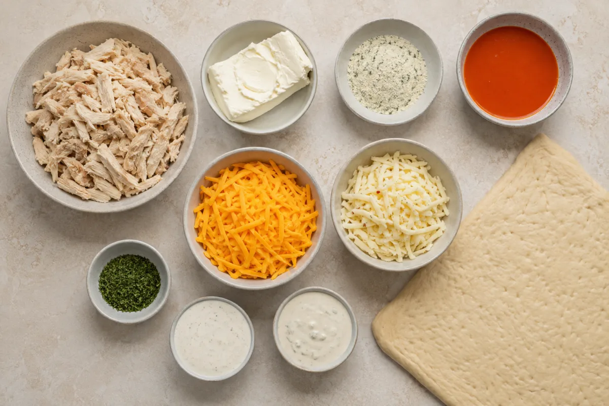 Ingredients for buffalo chicken stromboli with shredded chicken, cream cheese, ranch seasoning, buffalo sauce, cheddar, pepper jack, pizza crust, parsley, ranch, and blue cheese dressing