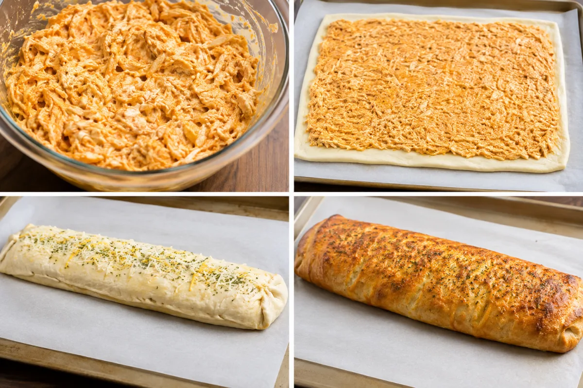 Four stages showing buffalo chicken filling mixed, spread over pizza dough, rolled and sealed with cheese, and baked golden