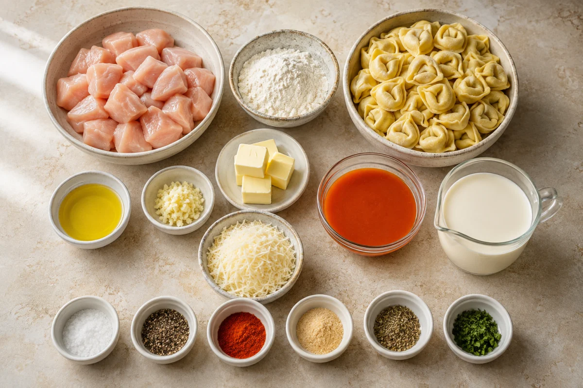 Ingredients for buffalo chicken tortellini Alfredo including chicken, flour, tortellini, butter, garlic, cream, Parmesan, buffalo sauce, oil, and seasonings