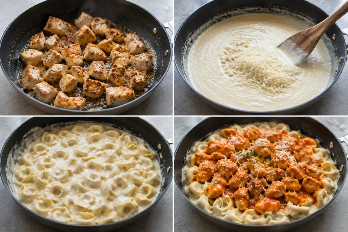 Four stages showing chicken cubes browned, Parmesan Alfredo sauce prepared, tortellini simmered in sauce, and buffalo chicken arranged over creamy pasta