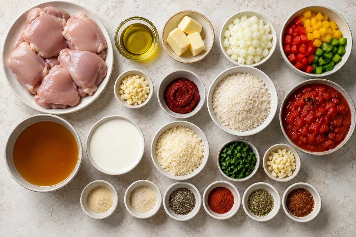 Ingredients for Cajun chicken and rice with chicken thighs, peppers, onion, garlic, basmati rice, tomatoes, broth, cream, Parmesan, butter, and seasonings