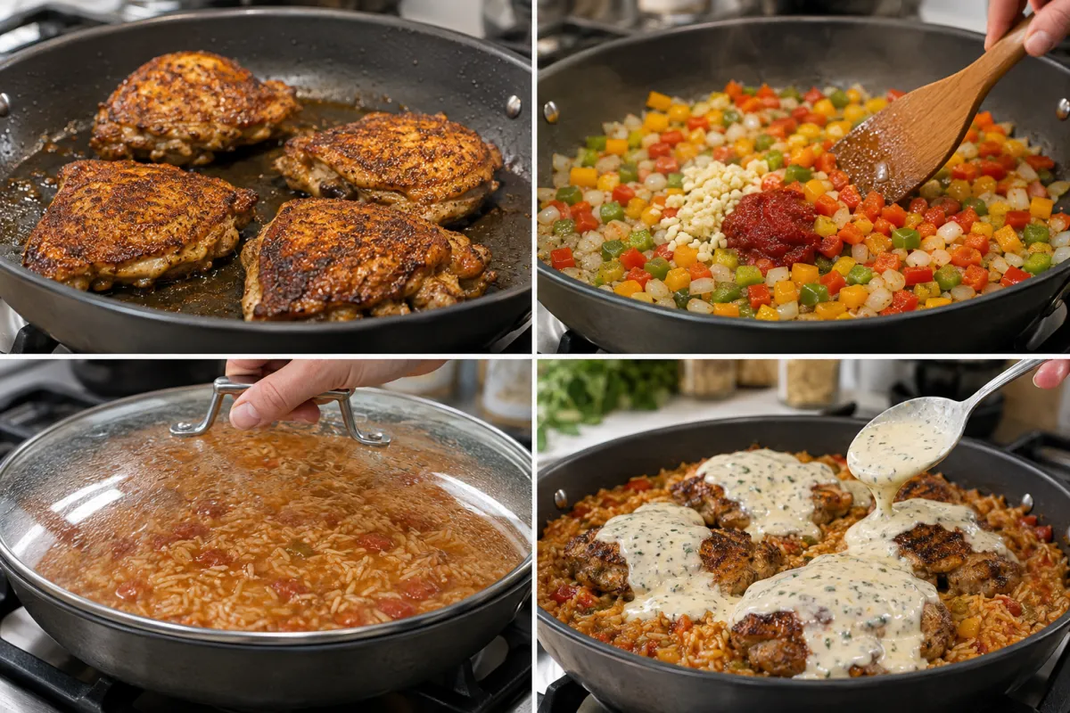 Four stages showing Cajun chicken seared, peppers and onion cooked with tomato paste, rice simmered with tomatoes, and chicken returned with garlic Parmesan sauce