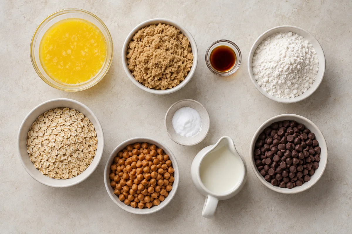 Ingredients for carmelitas with melted butter, brown sugar, vanilla, flour, oats, baking soda, caramel bits, heavy cream, and chocolate chips
