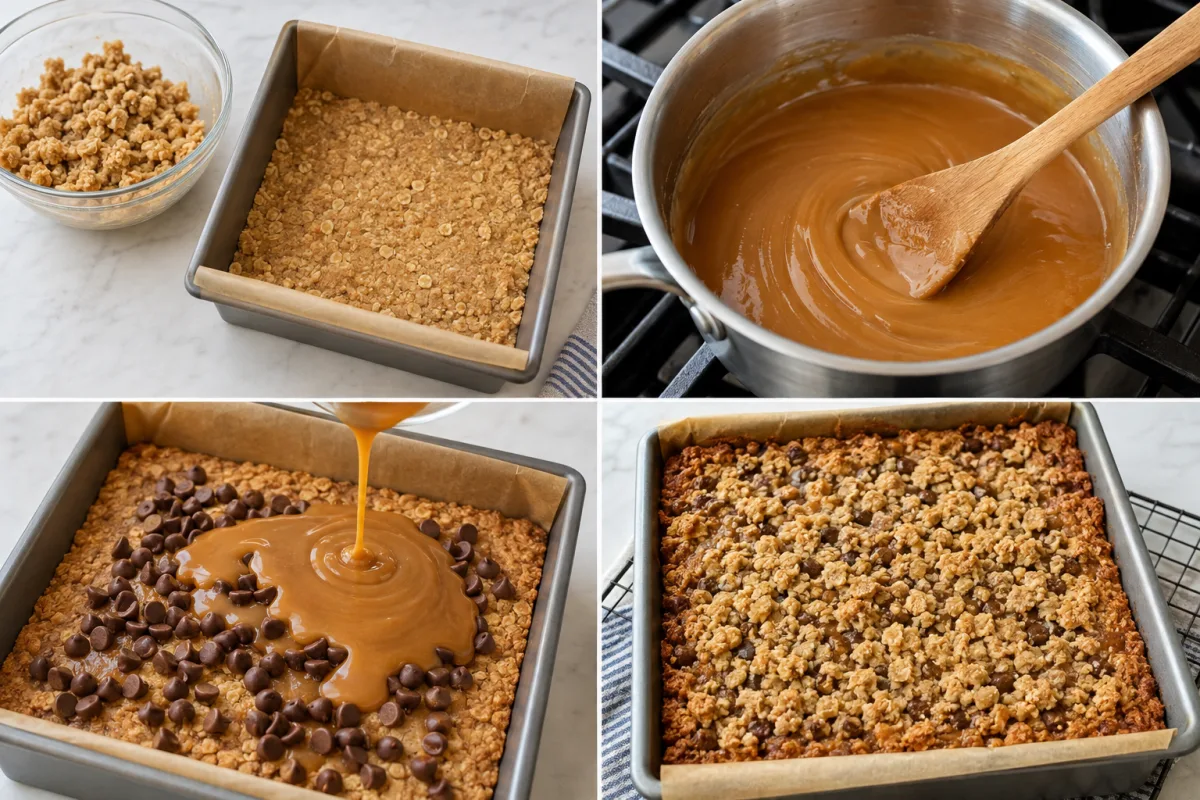 Four stages showing oat crust pressed into a pan, caramel melted with cream, chocolate and caramel layered over the crust, and carmelitas baked with oat crumble