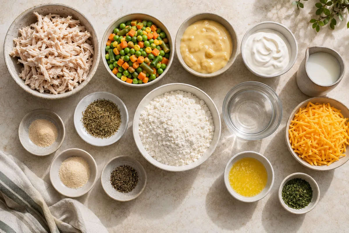 Ingredients for Cheddar Bay chicken pot pie with shredded chicken, mixed vegetables, creamy soup, sour cream, milk, biscuit mix, cheddar, butter, and seasonings