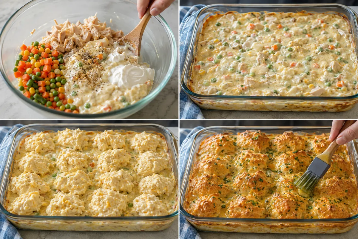Four stages showing creamy chicken filling mixed, preheated in a casserole dish, topped with cheddar biscuit dough, and baked golden before being brushed with herb butter