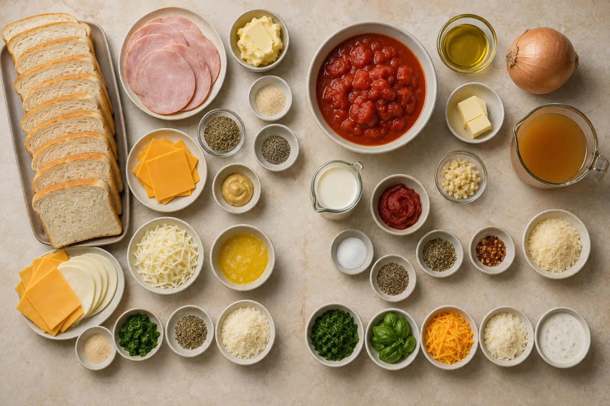 Ingredients for ham and cheese toastie dippers and tomato soup with bread, ham, cheddar, mozzarella, butter, garlic, tomatoes, broth, cream, herbs, and Parmesan