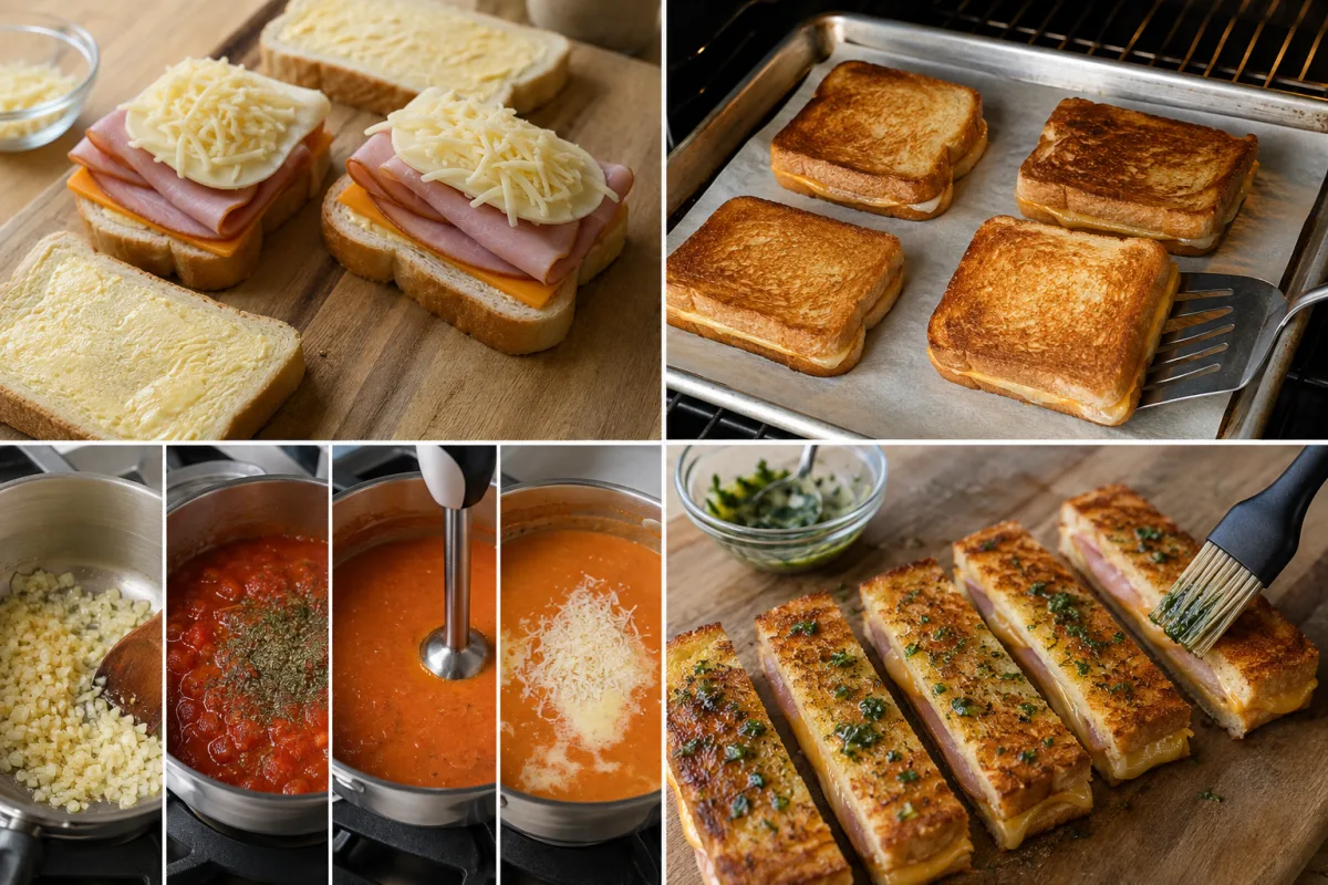 Four stages showing ham and cheese sandwiches assembled, toasties baked and flipped, tomato soup simmered and blended, and garlic butter brushed over toastie strips
