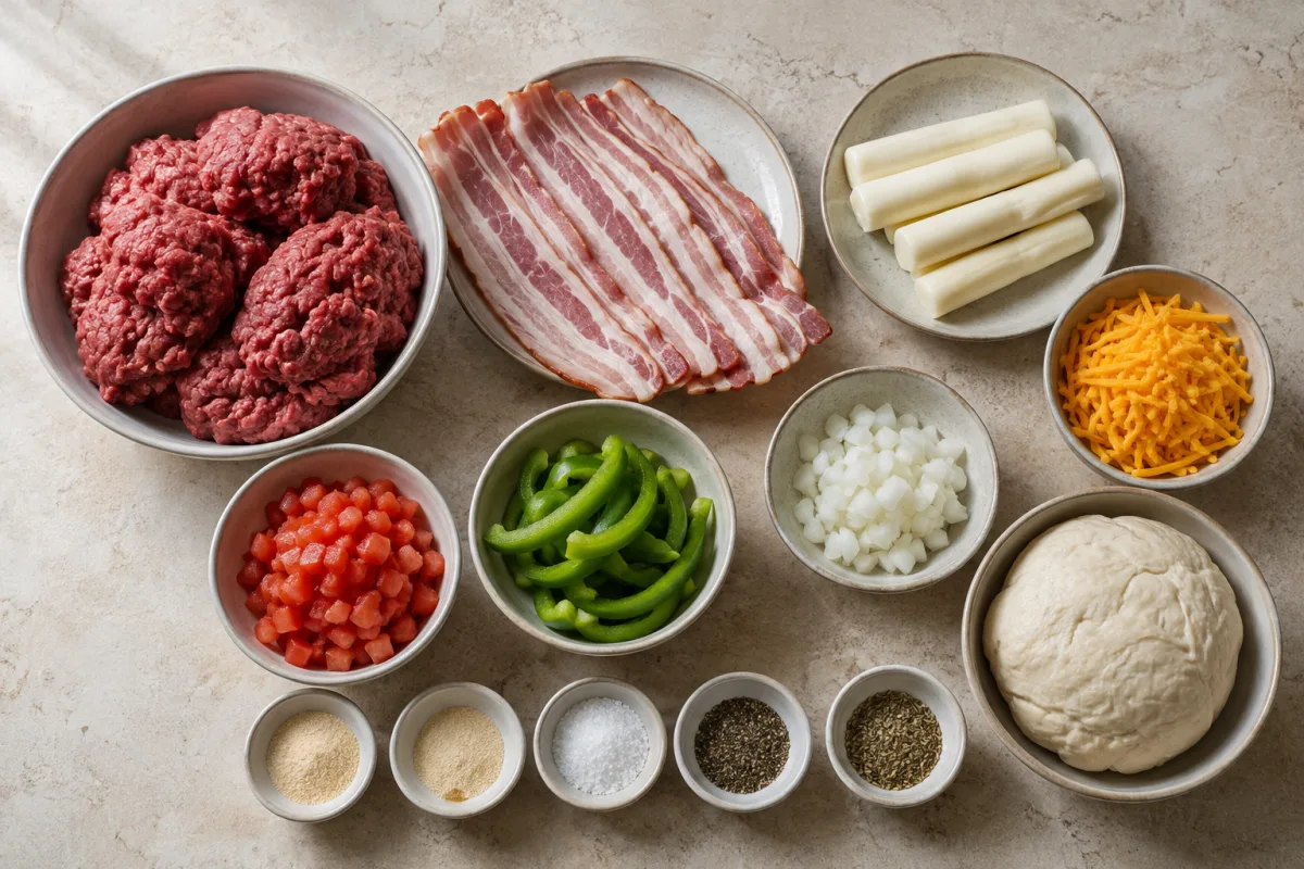 Ingredients for cheese stick bacon cheeseburger with ground beef, bacon, mozzarella sticks, cheddar, tomatoes, green bell pepper, onion, seasonings, and bread dough