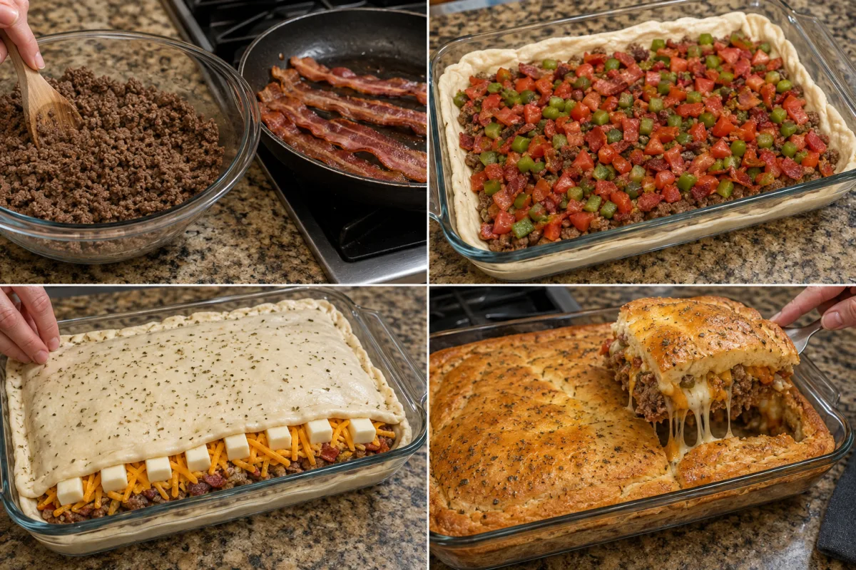 Four stages showing seasoned beef and bacon cooked, bread dough layered with beef bacon tomatoes and peppers, mozzarella sticks and cheddar enclosed with top dough, and the casserole baked golden