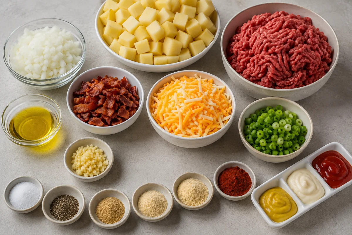 Ingredients for cheeseburger potato skillet including potatoes, beef, onion, bacon, cheese, green onions, garlic, seasonings, and burger sauce ingredients