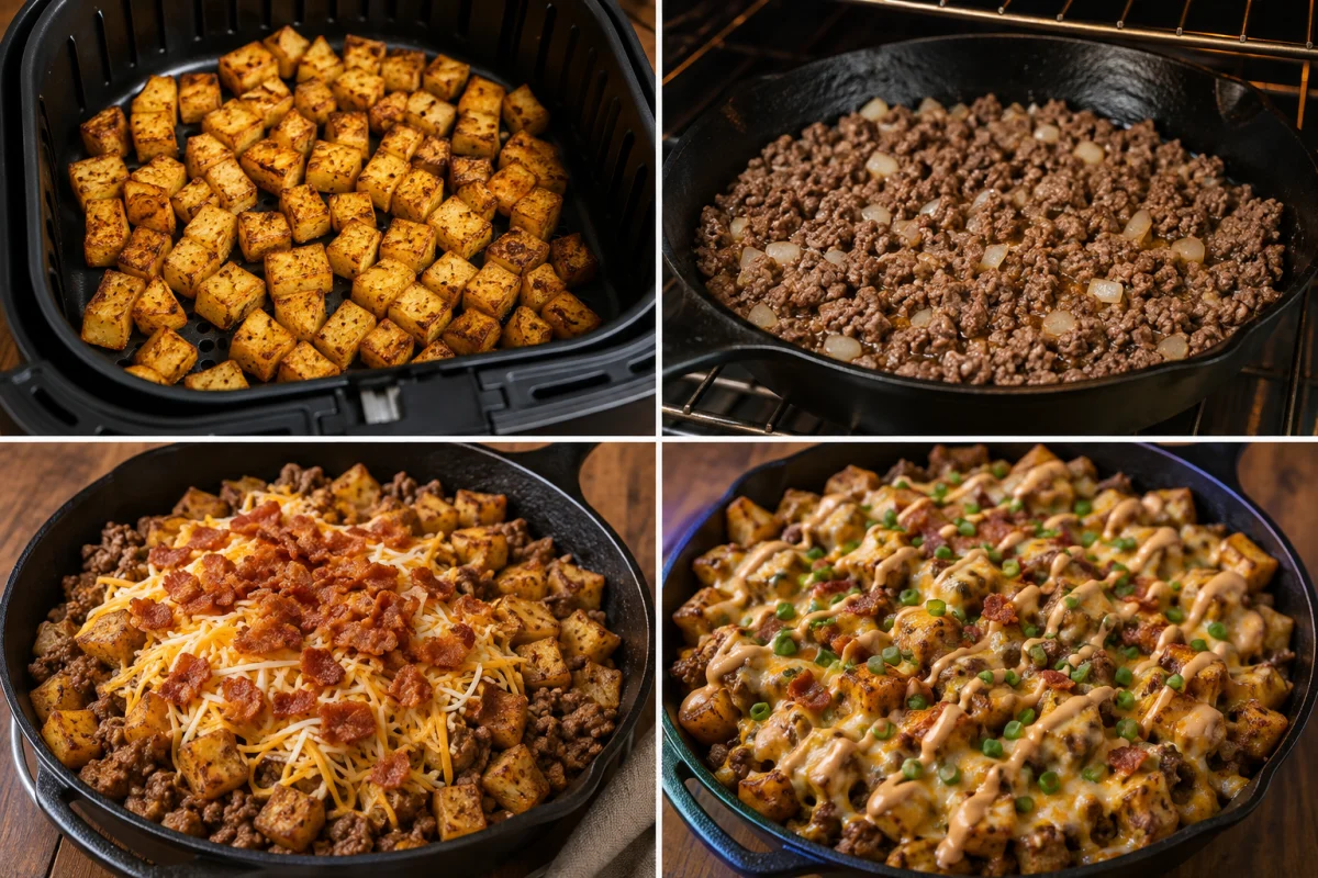 Four stages showing potatoes crisping in an air fryer, beef and onion browning, potatoes topped with cheese and bacon, and the finished skillet with burger sauce