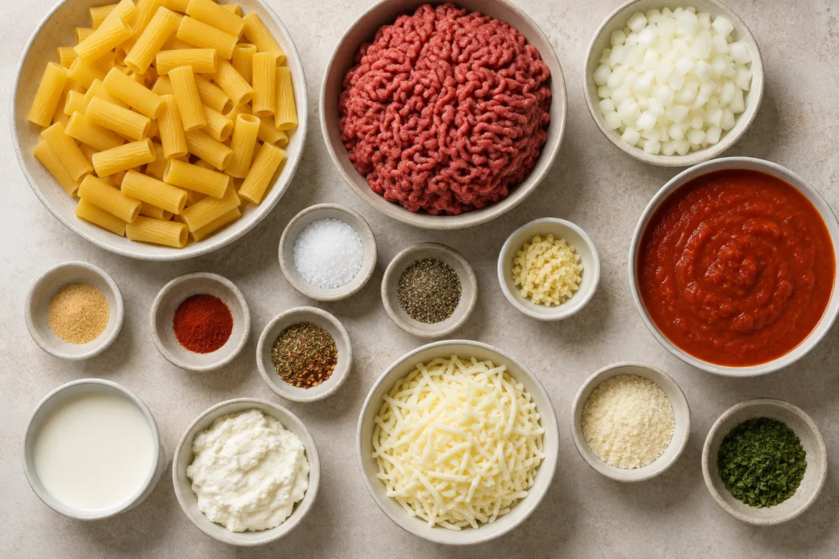 Ingredients for baked rigatoni including pasta, ground beef, onion, marinara, cream, ricotta, mozzarella, Parmesan, and seasonings