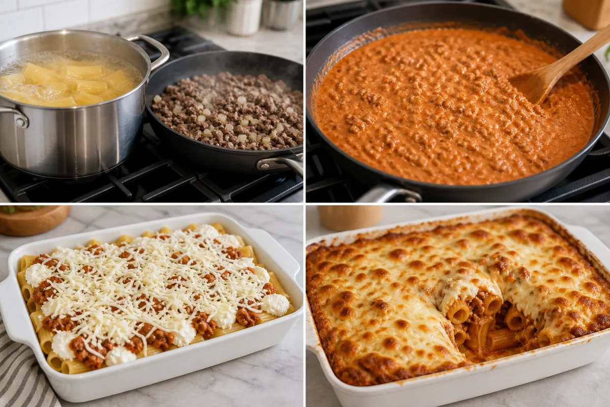 Four stages showing rigatoni boiled and beef browned, creamy meat sauce prepared, pasta layered with cheese, and the casserole baked