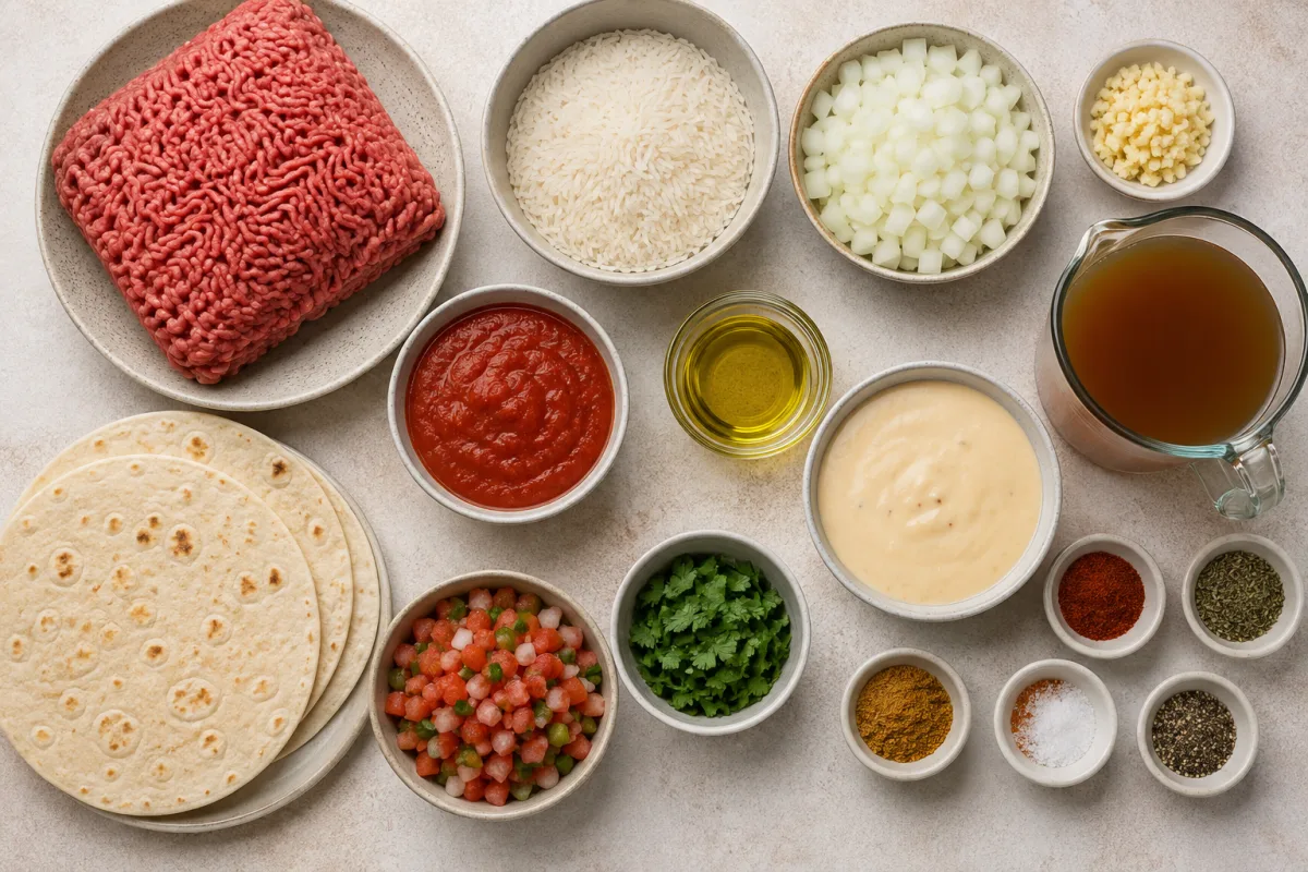 Ingredients for cheesy beef and rice skillet with ground beef, jasmine rice, onion, garlic, tomato sauce, beef broth, queso, tortillas, pico, cilantro, oil, and spices