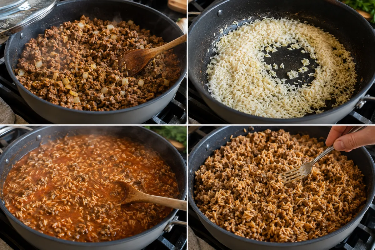 Four stages showing seasoned beef and onion browned, jasmine rice toasted, tomato sauce and broth simmered, and tender beef rice fluffed with a fork