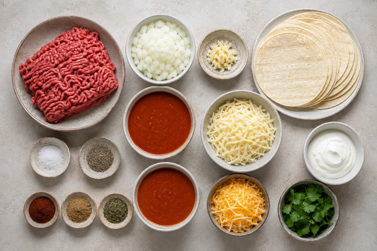 Ingredients for cheesy beef enchilada skillet with ground beef, onion, garlic, corn tortillas, red enchilada sauce, Chihuahua cheese, Colby Jack, spices, sour cream, and cilantro