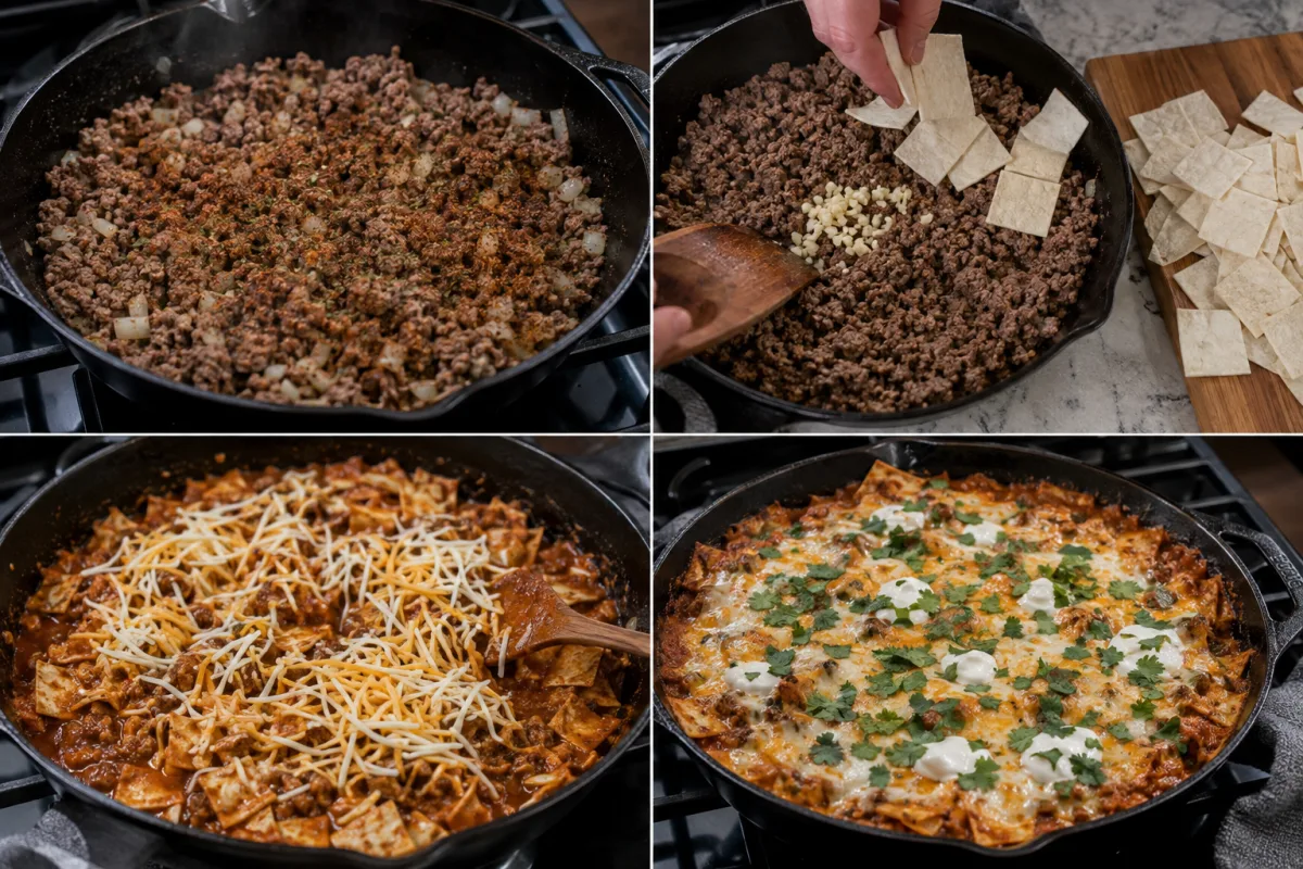 Four stages showing seasoned ground beef browned with onion, garlic and corn tortilla squares added, enchilada sauce and cheese stirred in, and the skillet baked with melted cheese