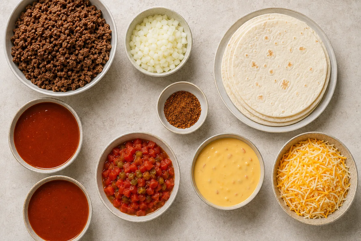 Ingredients for cheesy beef enchiladas with ground beef, onion, taco seasoning, two portions of red enchilada sauce, tomatoes with green chiles, flour tortillas, queso, and shredded cheese