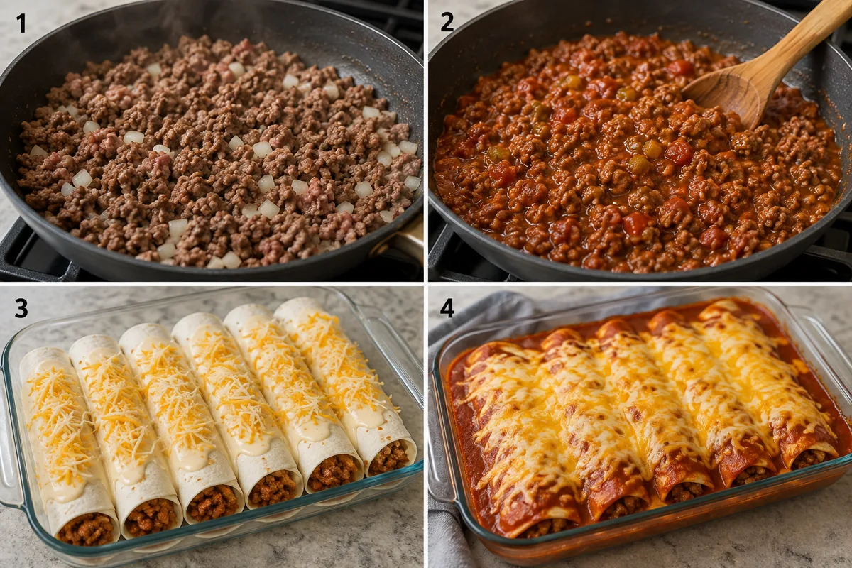 Four stages of beef enchiladas showing beef and onion browning, enchilada sauce and tomatoes added, tortillas filled and rolled, and the casserole baked with sauce and cheese