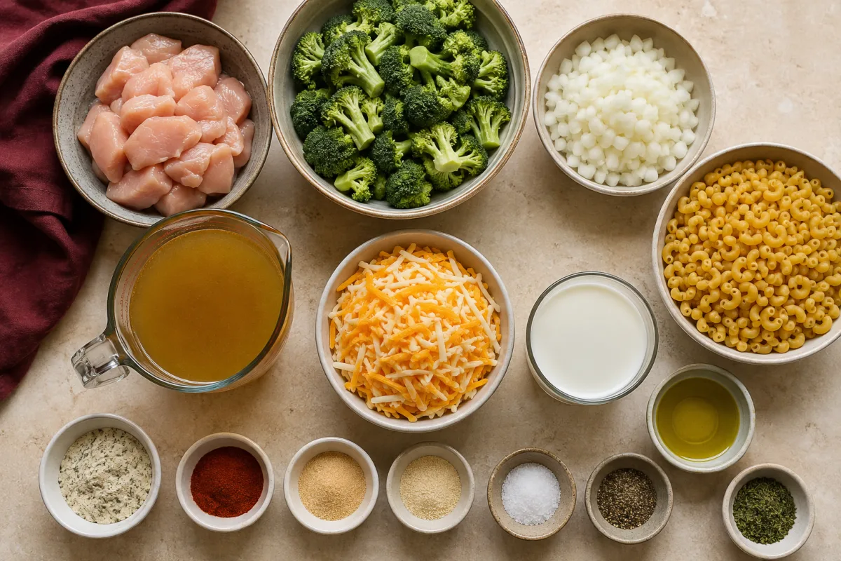Ingredients for chicken broccoli mac with cubed chicken, broccoli, onion, elbow pasta, chicken broth, Colby Jack, milk, oil, ranch seasoning, and spices