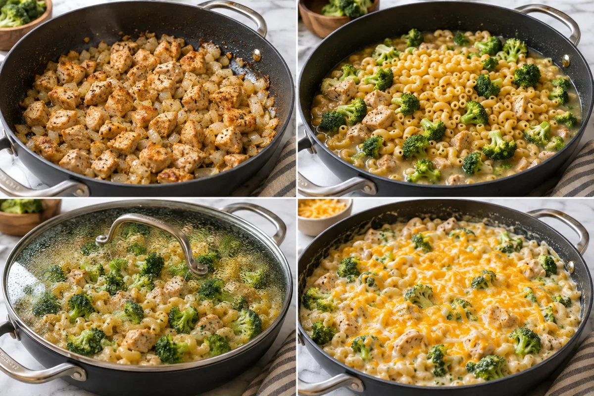 Four stages showing chicken and onion browned, pasta broccoli and broth added, covered skillet simmered, and creamy Colby Jack melted through the mac