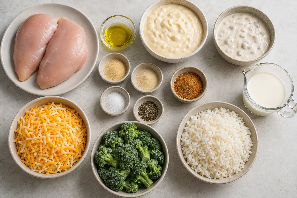 Ingredients for cheesy chicken broccoli rice casserole with chicken breasts, cooked rice, frozen broccoli, condensed soups, cream, Colby Jack cheese, oil, and seasonings