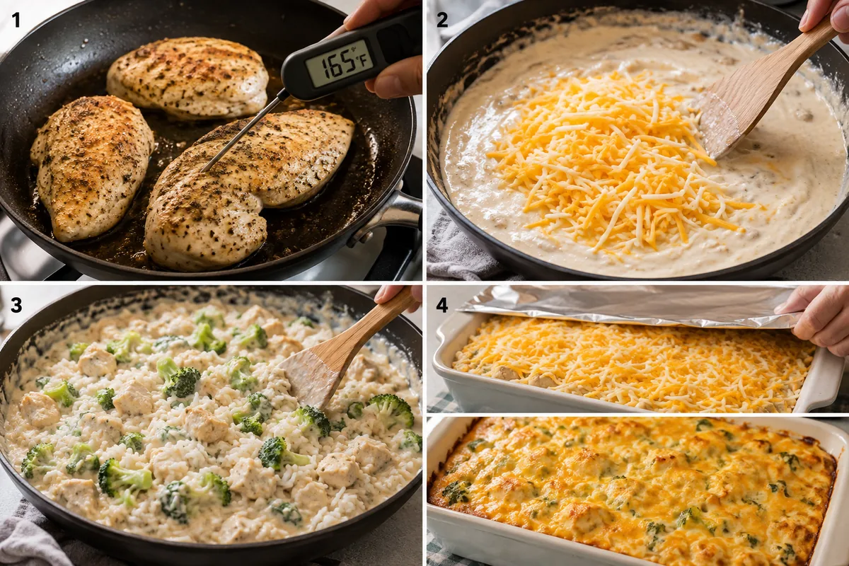 Four stages of chicken broccoli rice casserole showing chicken cooked to 165 degrees, cheese melted into soup sauce, rice chicken and broccoli combined, and the casserole baked until golden