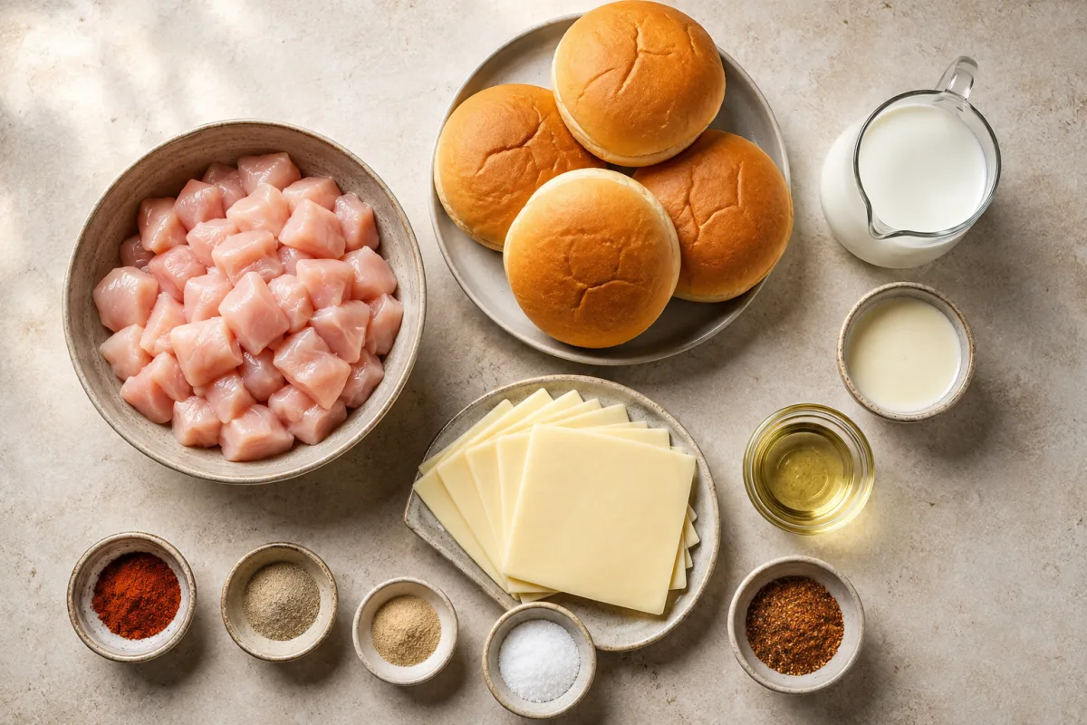 Ingredients for cheesy chicken buns with diced chicken, burger buns, milk, cream, cheese slices, oil, paprika, white pepper, garlic powder, salt, and chicken spice