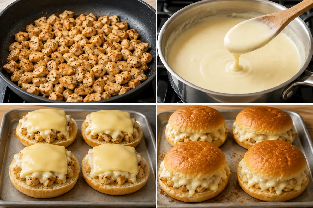 Four stages showing diced chicken cooked until golden, smooth cheese sauce made in a saucepan, buns filled with chicken and sauce, and cheesy chicken buns baked