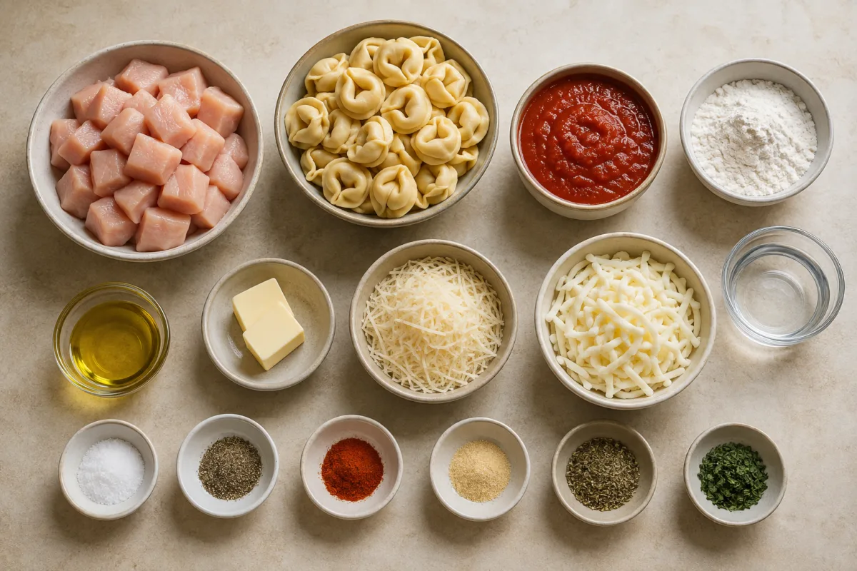 Ingredients for chicken Parmesan tortellini with cubed chicken, cheese tortellini, pasta sauce, flour, Parmesan, mozzarella, oil, butter, water, and herbs