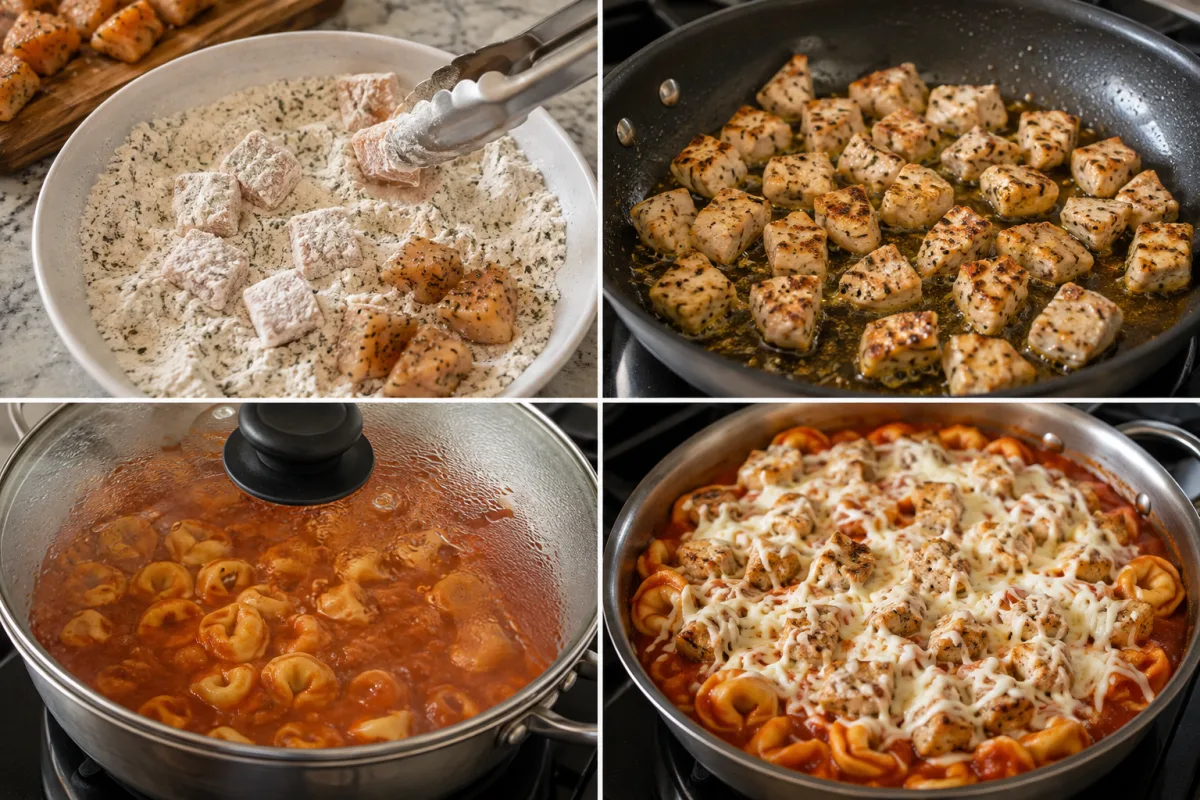 Four stages showing chicken dredged in seasoned flour, browned in a skillet, tortellini simmered in tomato sauce, and mozzarella melted over chicken and pasta