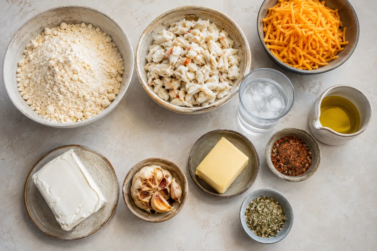 Ingredients for cheesy crab biscuits with biscuit mix, cream cheese, lump crab, cheddar, ice water, Cajun seasoning, oil, butter, roasted garlic, and herbs