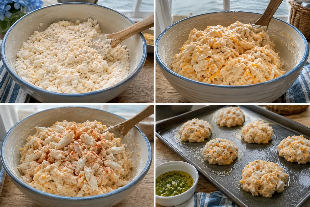 Four stages showing biscuit mix combined with cream cheese, cold water and cheddar added, crab folded in gently, and rounded biscuits ready to bake with garlic butter nearby
