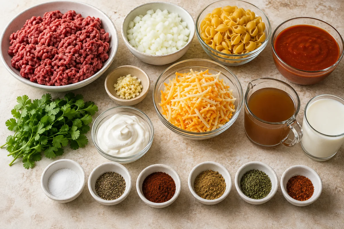 Ingredients for cheesy enchilada hamburger helper including ground beef, onion, garlic, shell pasta, enchilada sauce, broth, milk, Colby Jack, cilantro, sour cream, and spices