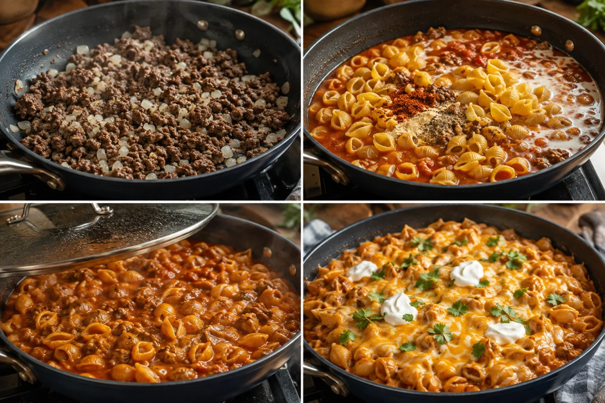 Four stages showing beef and onion browned, shell pasta and enchilada liquids added, pasta simmered until tender, and Colby Jack melted over the finished skillet