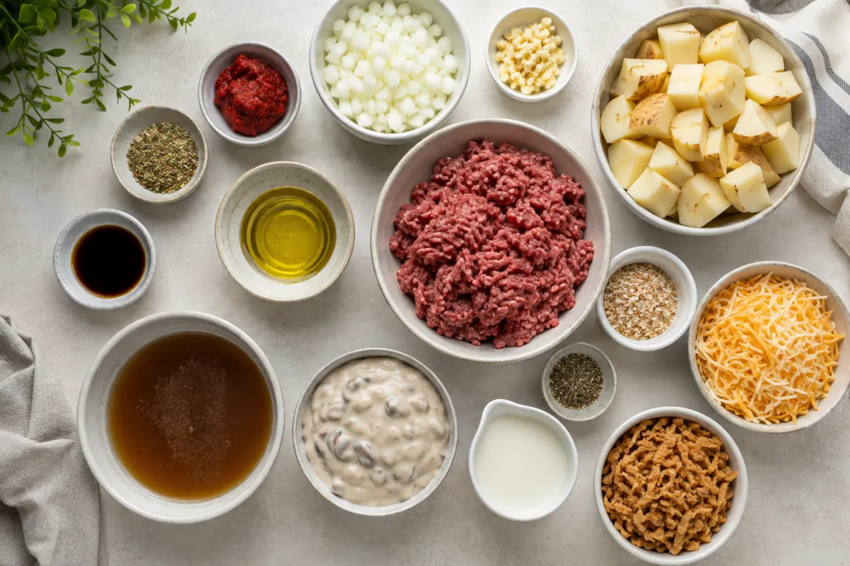 Ingredients for French onion hamburger casserole with ground beef, onion, garlic, potatoes, onion soup seasoning, mushroom soup, milk, Colby Jack, and fried onions