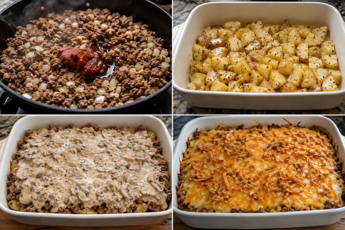 Four stages showing beef browned with onion and tomato paste, potatoes seasoned in a casserole dish, beef layered with mushroom sauce, and casserole baked with cheese and fried onions