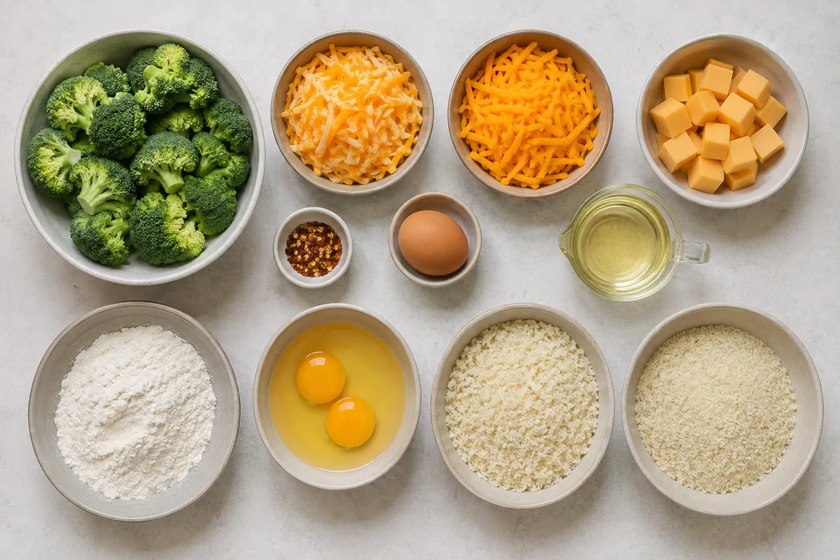 Ingredients for cheesy fried broccoli bites with broccoli, Colby, cheddar, melting cheese, eggs, red pepper flakes, flour, panko, and frying oil