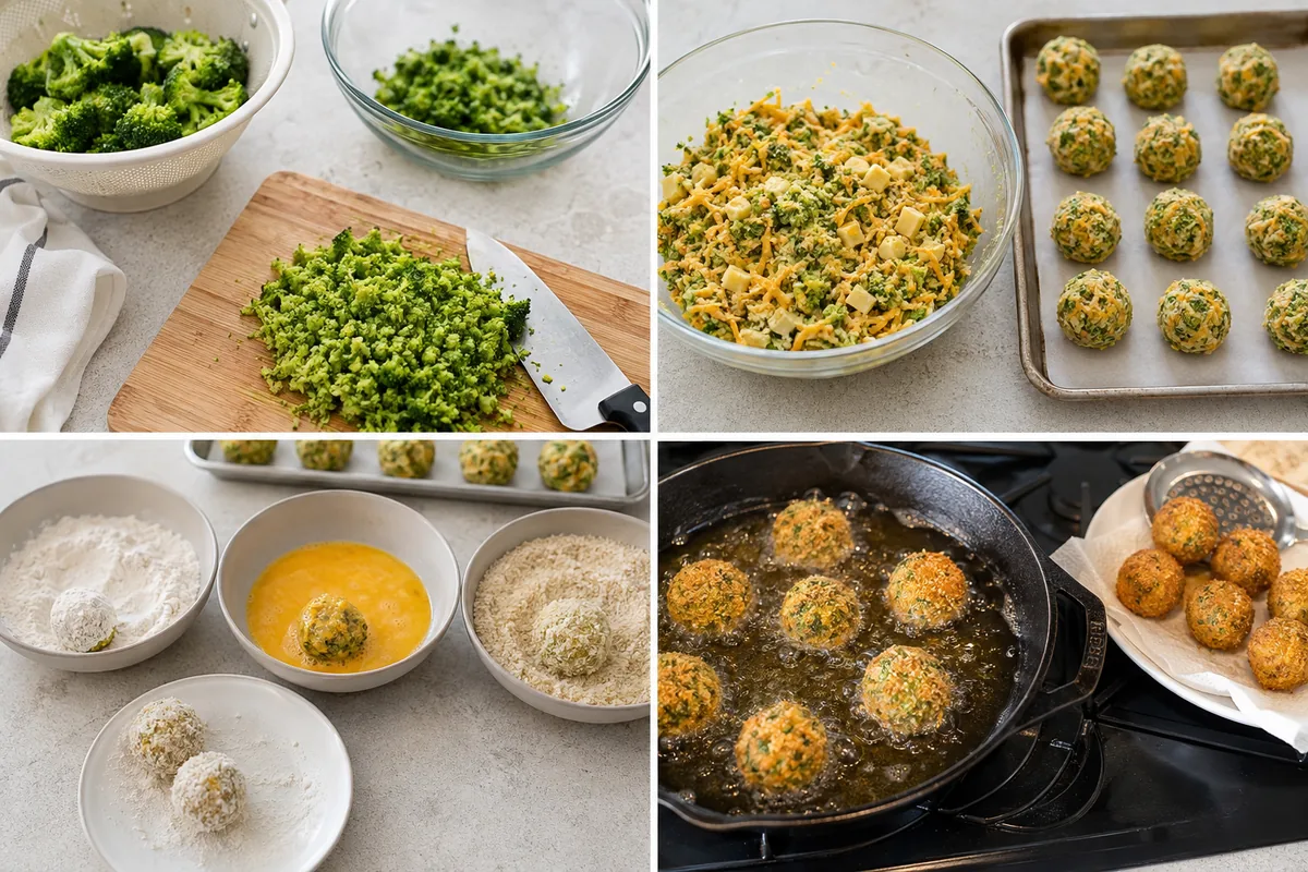 Four stages of cheesy fried broccoli bites showing chopped broccoli, formed cheese balls, panko breading, and golden bites frying