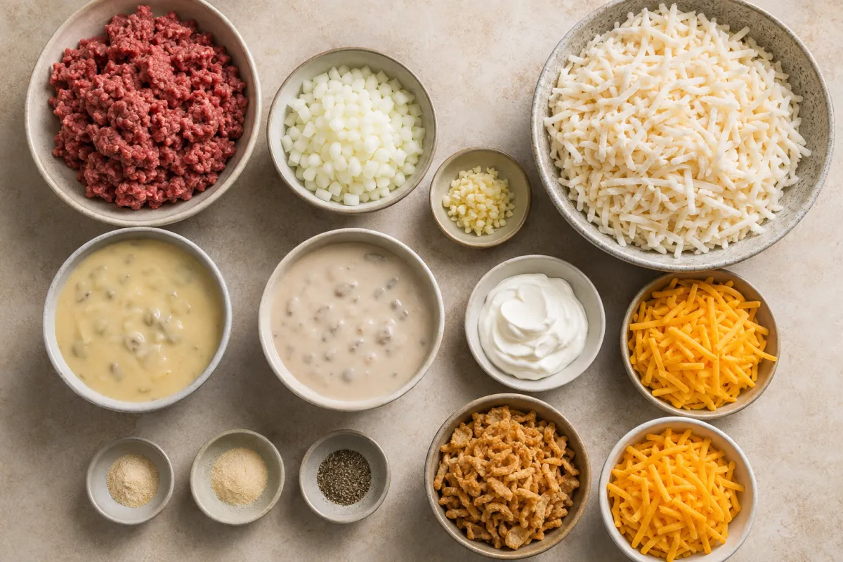 Ingredients for cheesy hash brown hamburger casserole with ground beef, frozen shredded potatoes, onion, garlic, creamy soups, sour cream, cheddar, seasonings, and fried onions