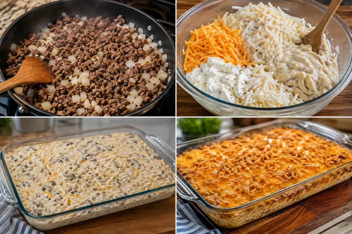 Four stages showing ground beef browned with onion, hash browns mixed with creamy sauce and cheese, casserole assembled, and the baked top finished with melted cheddar and fried onions