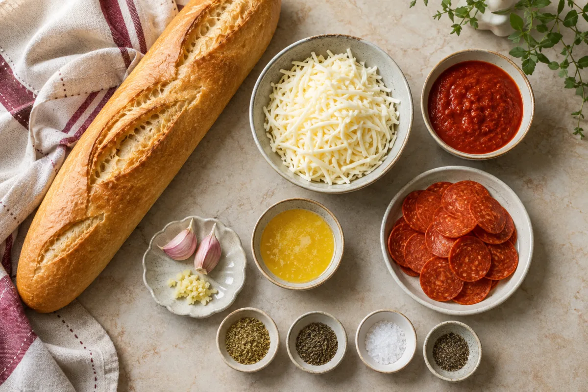 Ingredients for cheesy pizza bread with baguette, mozzarella, pizza sauce, pepperoni, garlic butter, oregano, basil, salt, and pepper